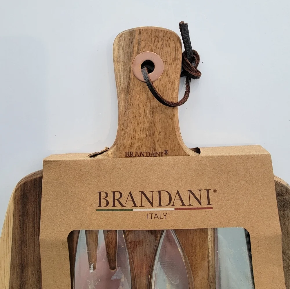 NEW Brandani Inox Acacia Wood Cheese Cutting Board And Knife Set Italian